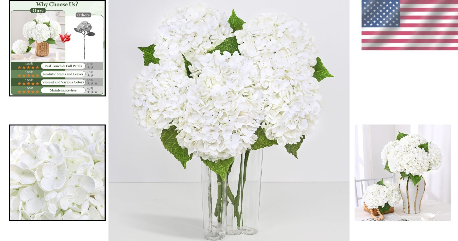 Real Touch Hydrangea Artificial Flowers, White, 6 Pcs