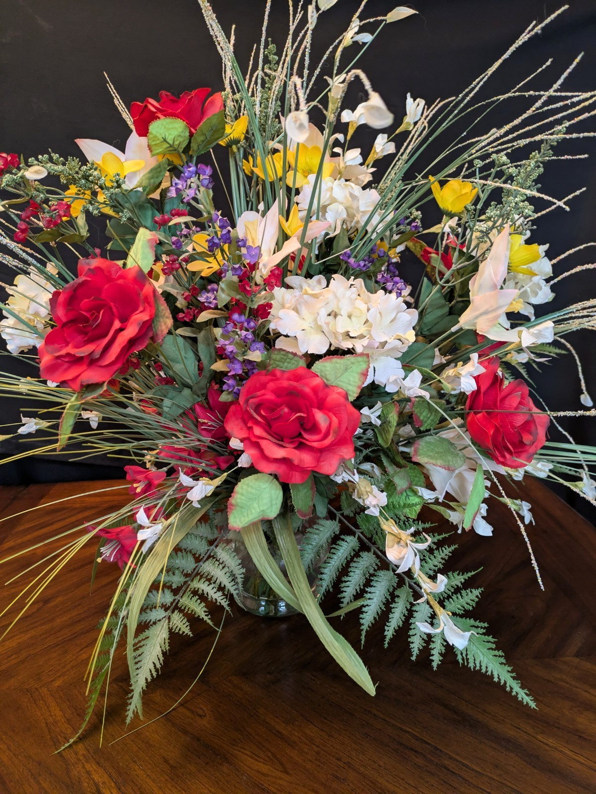 Silk Flower Centerpiece Multi-Color in Clear Glass Vase