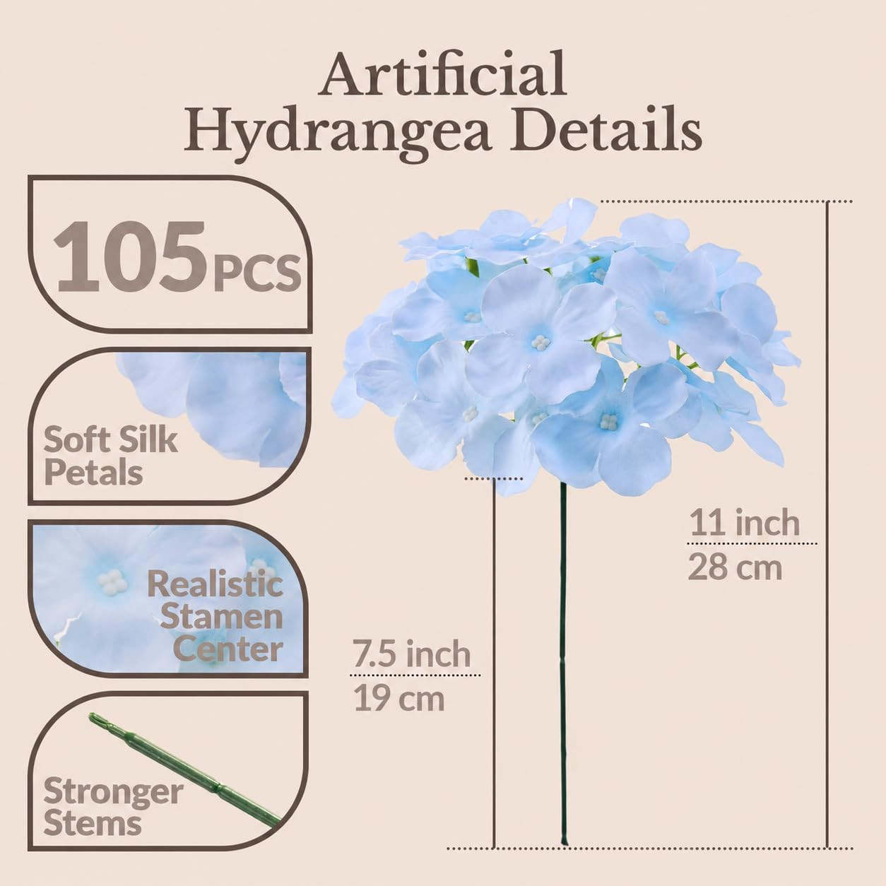 105PCS Blue Hydrangea Artificial Flowers for Weddings & Events – Silk Faux Decor