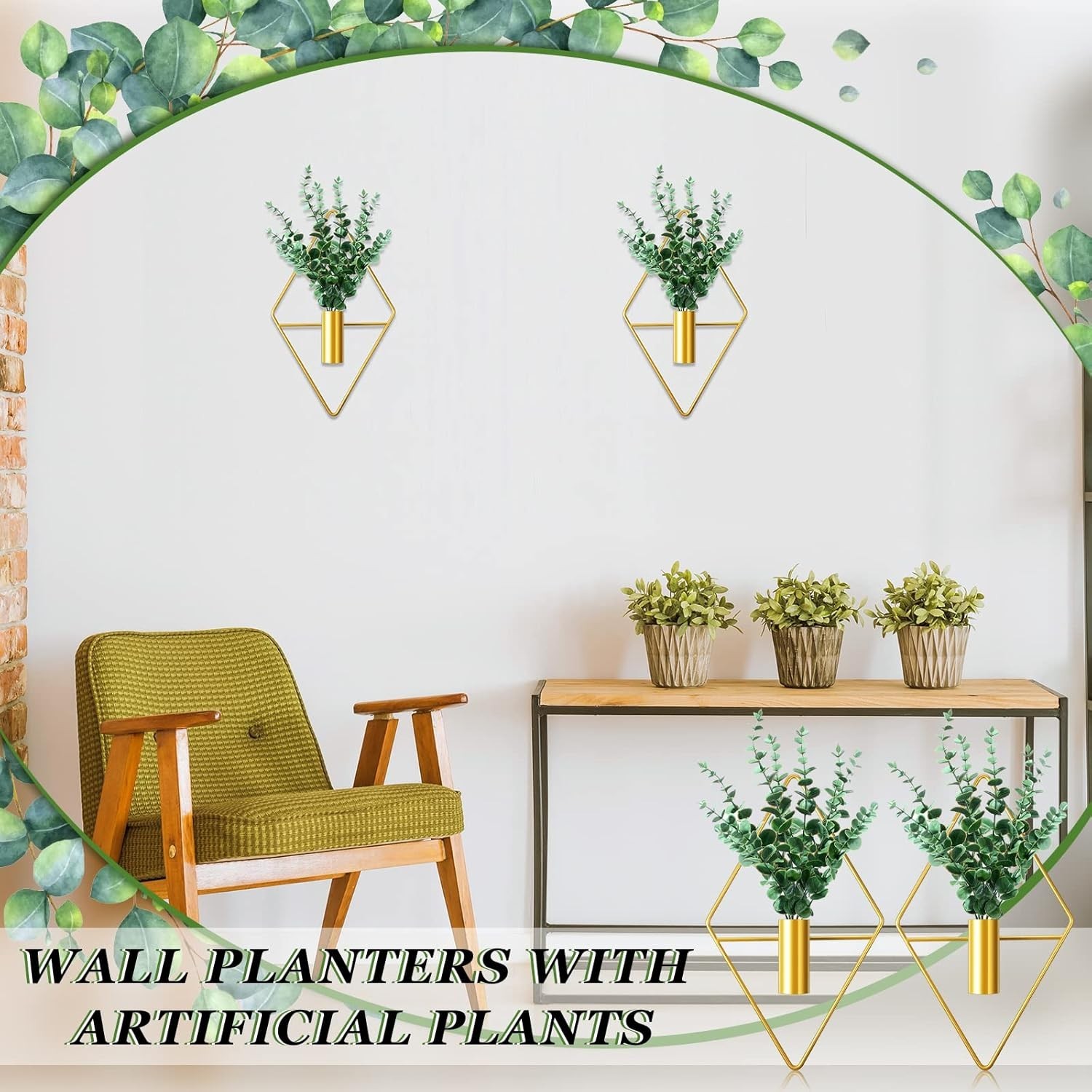 2 Pieces Gold Wall Decor Hanging Planters with Artificial Plants Metal Vase I…