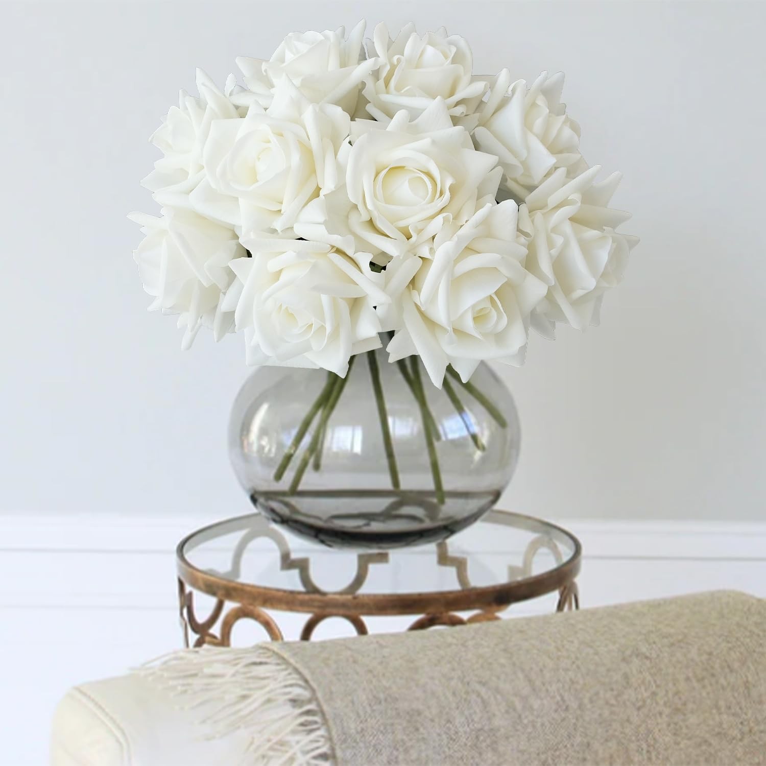 White Flowers Roses Artificial Flowers, 10pcs Soft Real Touch Silk Artificial…
