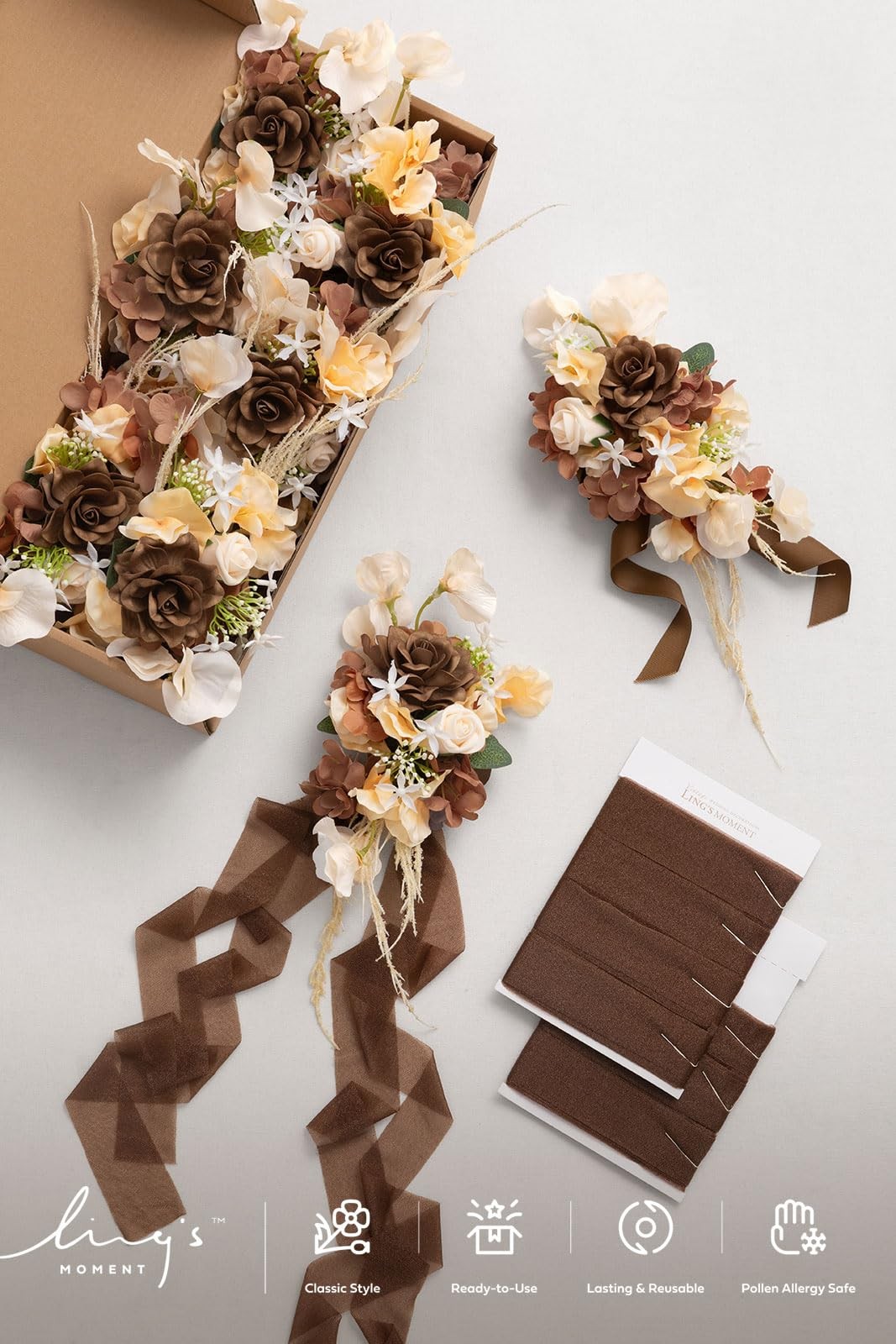 Ling’s Moment 8pcs Wedding Artificial Aisle Pew Flowers, Brown Soft Peach