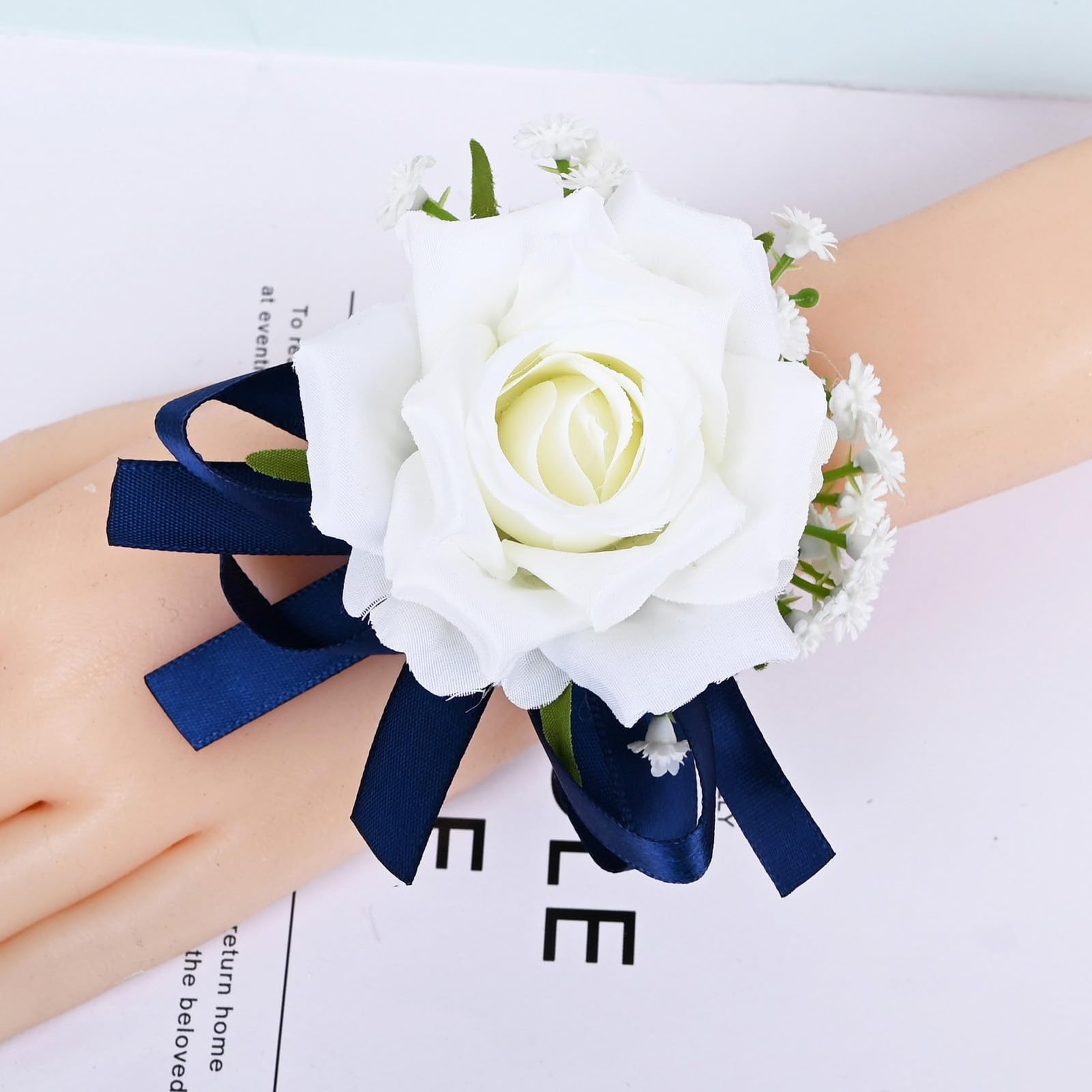 White Navy Blue Boutonniere Corsage Set Artificial Rose Prom Suit 2 PCS