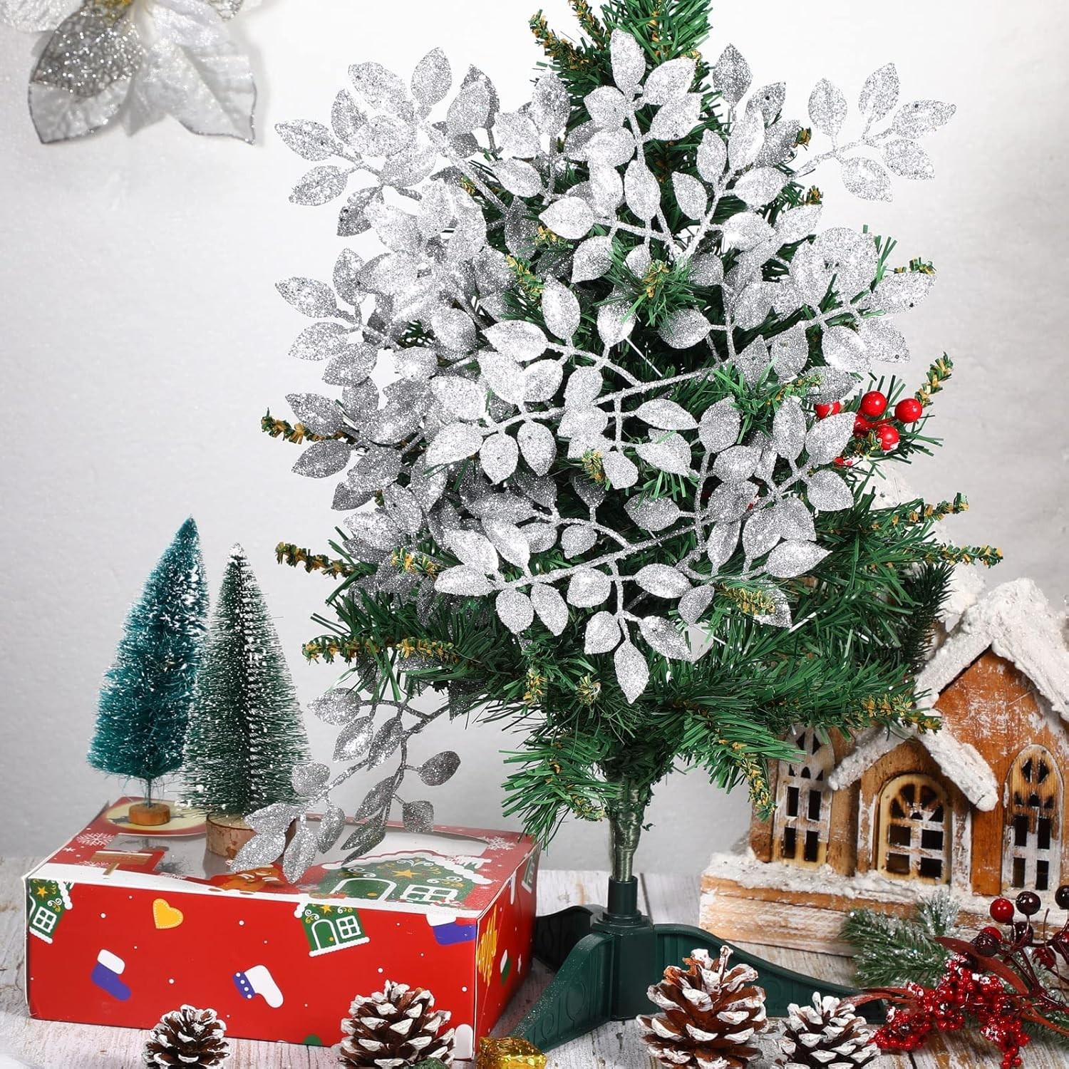 30 Pcs Christmas Glitter Leaves Picks 12 Inch Artificial Xmas Tree Silver