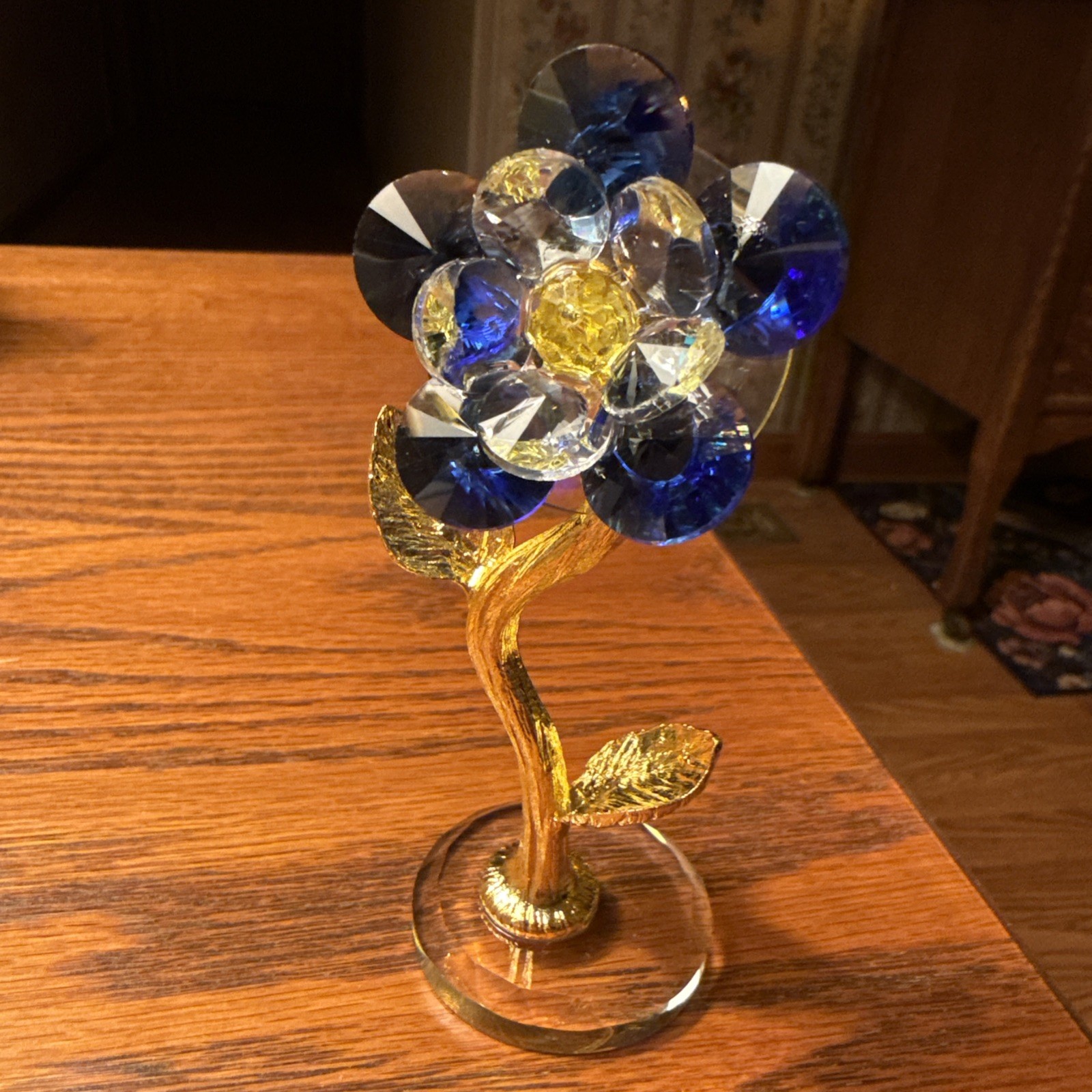 Unique Blue Crystal Plum Blossom Flower With Gold Leaves Figurine
