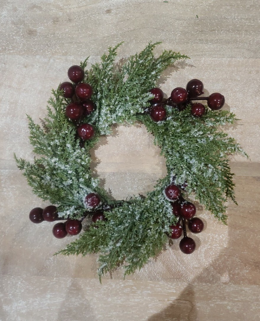 PAIR Farmhouse Primitive FROSTED CRANBERRY CEDAR PINE CANDLE RING 3″ CENTERS