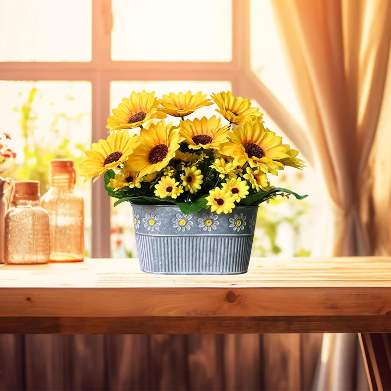 Artificial Flowers Fake Sunflowers in Pot, Faux Silk Flowers Floral Table Center