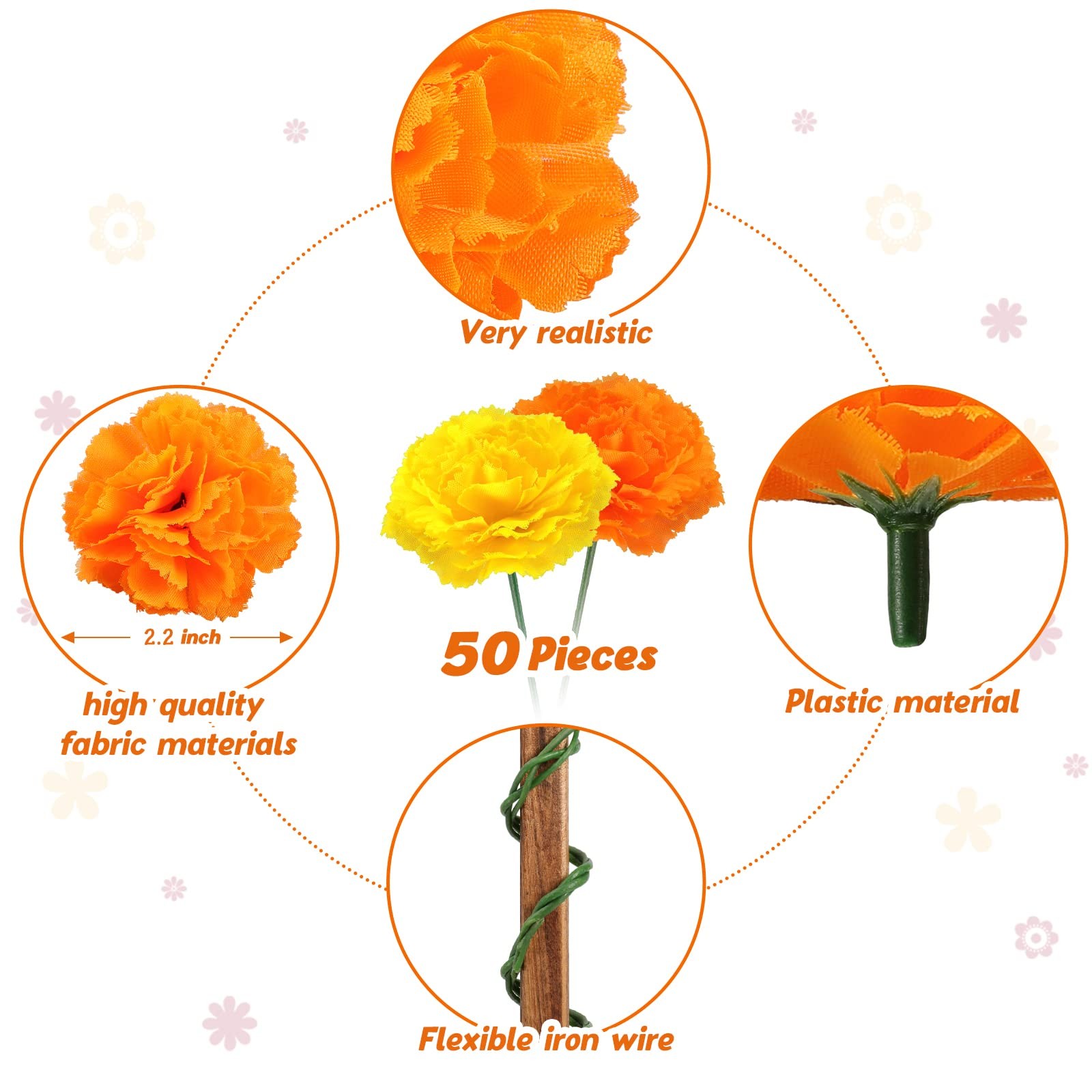 Artificial Marigold Flowers – 50 Pcs Halloween Decoration Orange Marigold Head S