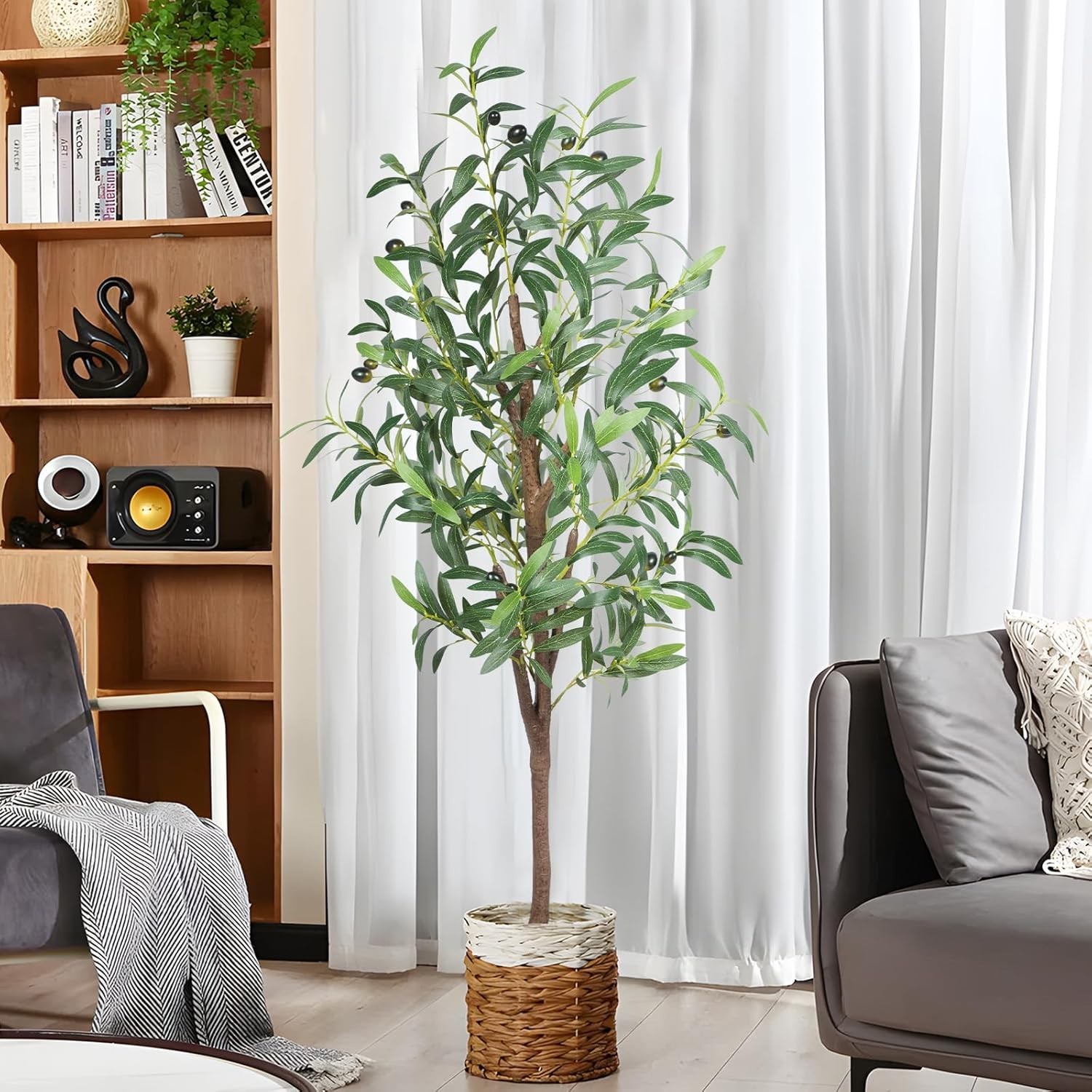 Planta artificial de seda en maceta con tronco, 436 hojas realistas y 16 frutos