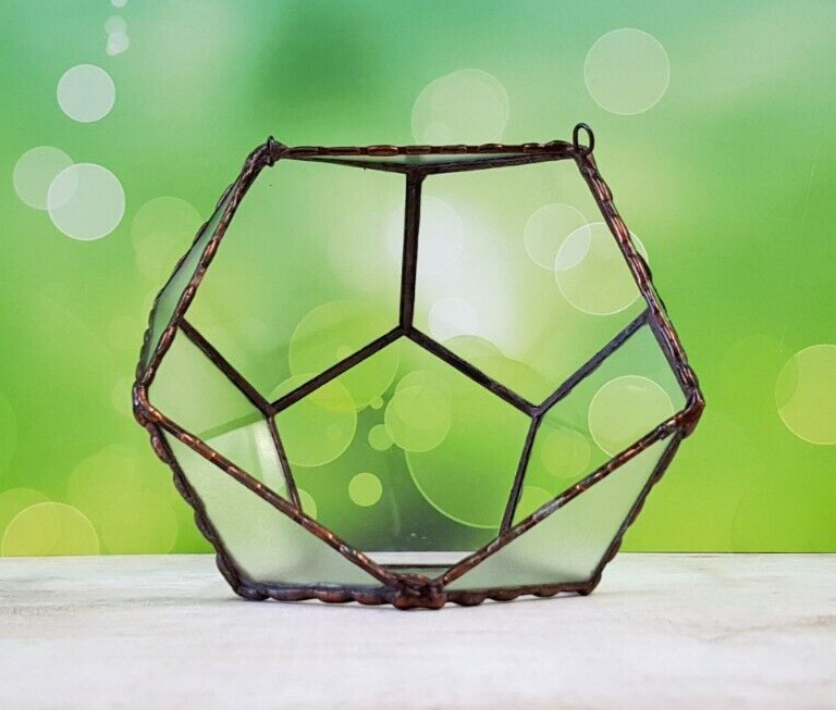 Stained Glass Dodecahedron Terrarium With 3 hooks with Copper Frame, Home Decor