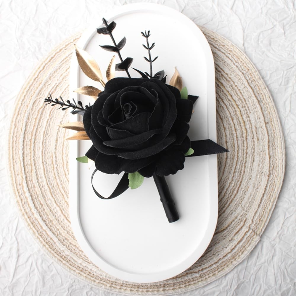 2 PCS Black Rose Wrist Corsage Wristlet Boutonniere Set Wedding Prom Flower