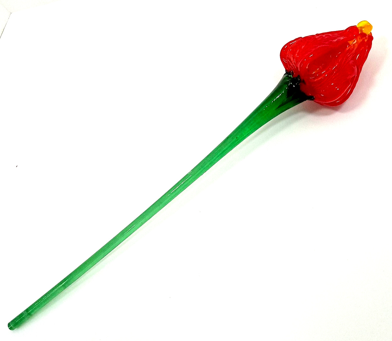 Vintage Blown Art Glass Long Stem Flower Red Bud Orange Center Ribbed Texture