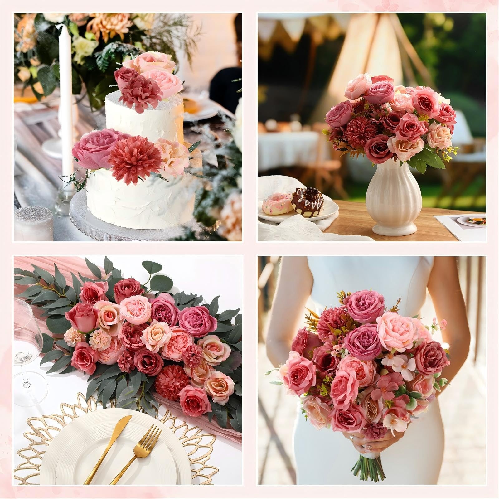 12 Bundles Dusty Pink Artificial Flowers Peonies Silk Dahlia Faux Rose Fake C…