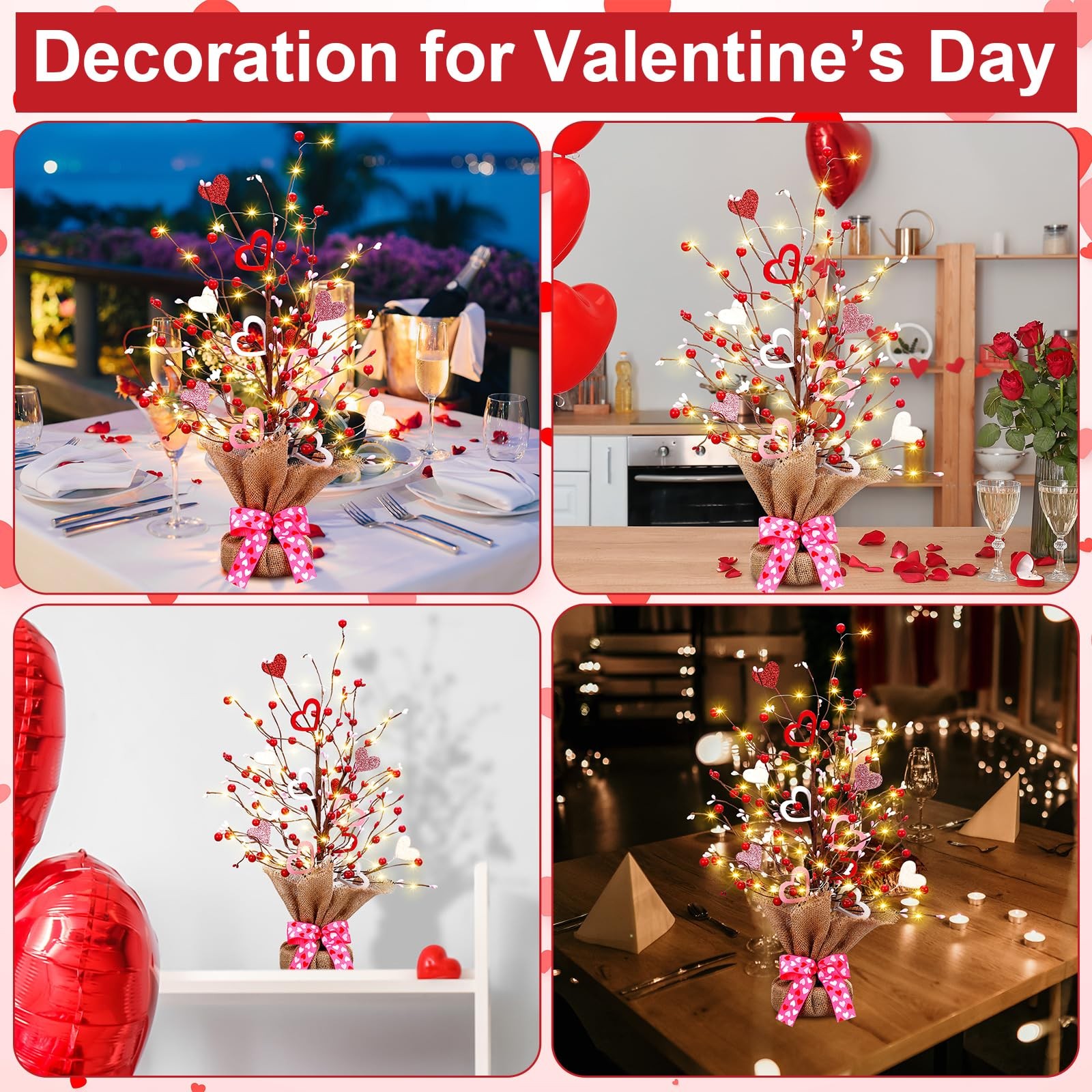 2 PCS Prelit Lighted Valentines Day Tree 21 Inch Tabletop Heart Ornament