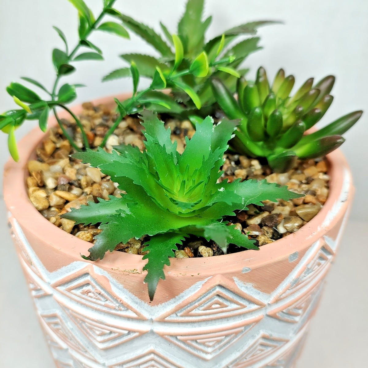 Modern Coastal Geometric Tribal Pattern Planter Pot w/ Faux Succulent Mix Peach