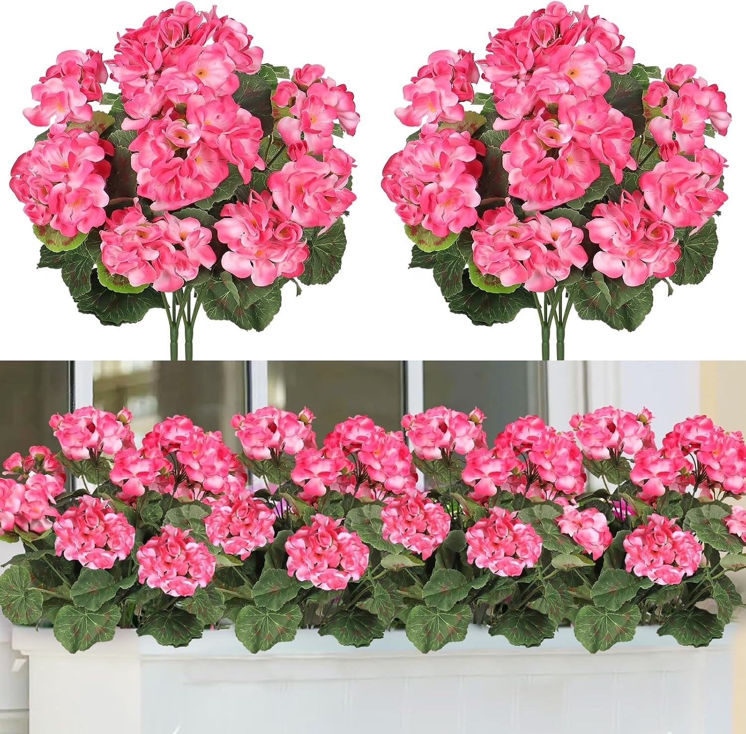 Artificial Pink Geranium Silk Flowers Outdoor Plant Bush 2 Bundles Faux Flowe…