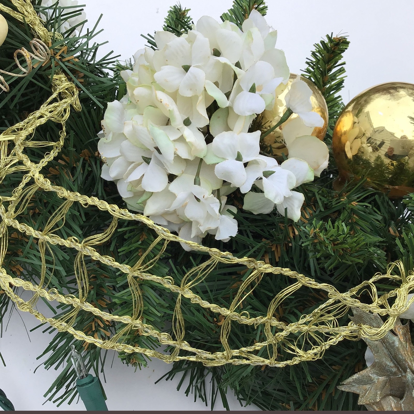 Holiday Swag with white silk Magnolias Hydrengeas Silver Glass Bubbles Gold