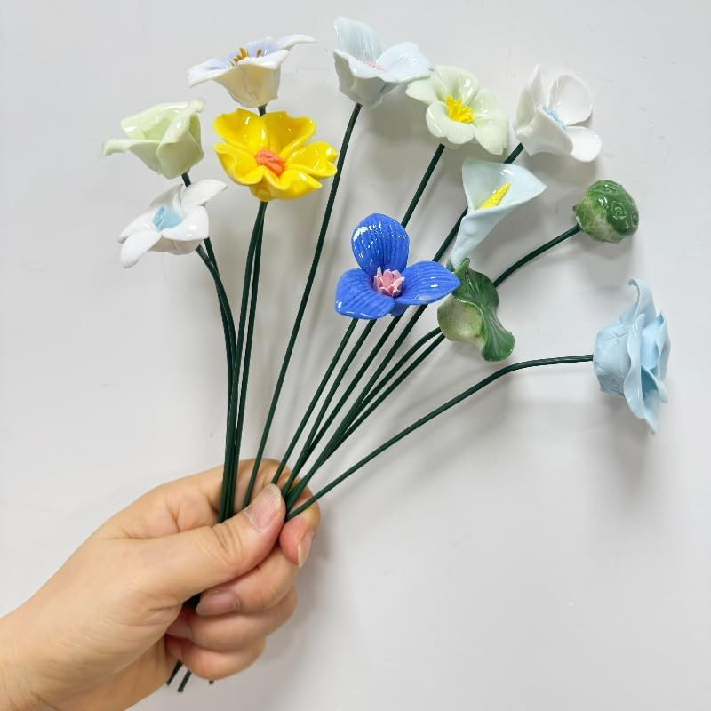 12 Pcs Handmade Ceramic Flowers Decor,Porcelain Flower Plant Stakes for Outdoor