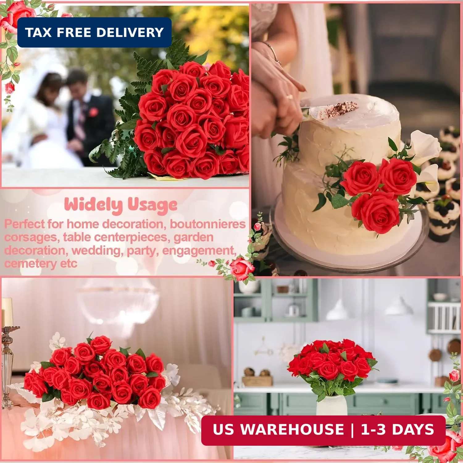 24 Pcs Red Rose Artificial Flowers with Long Stem Real Touch Silk Plastic Bouque