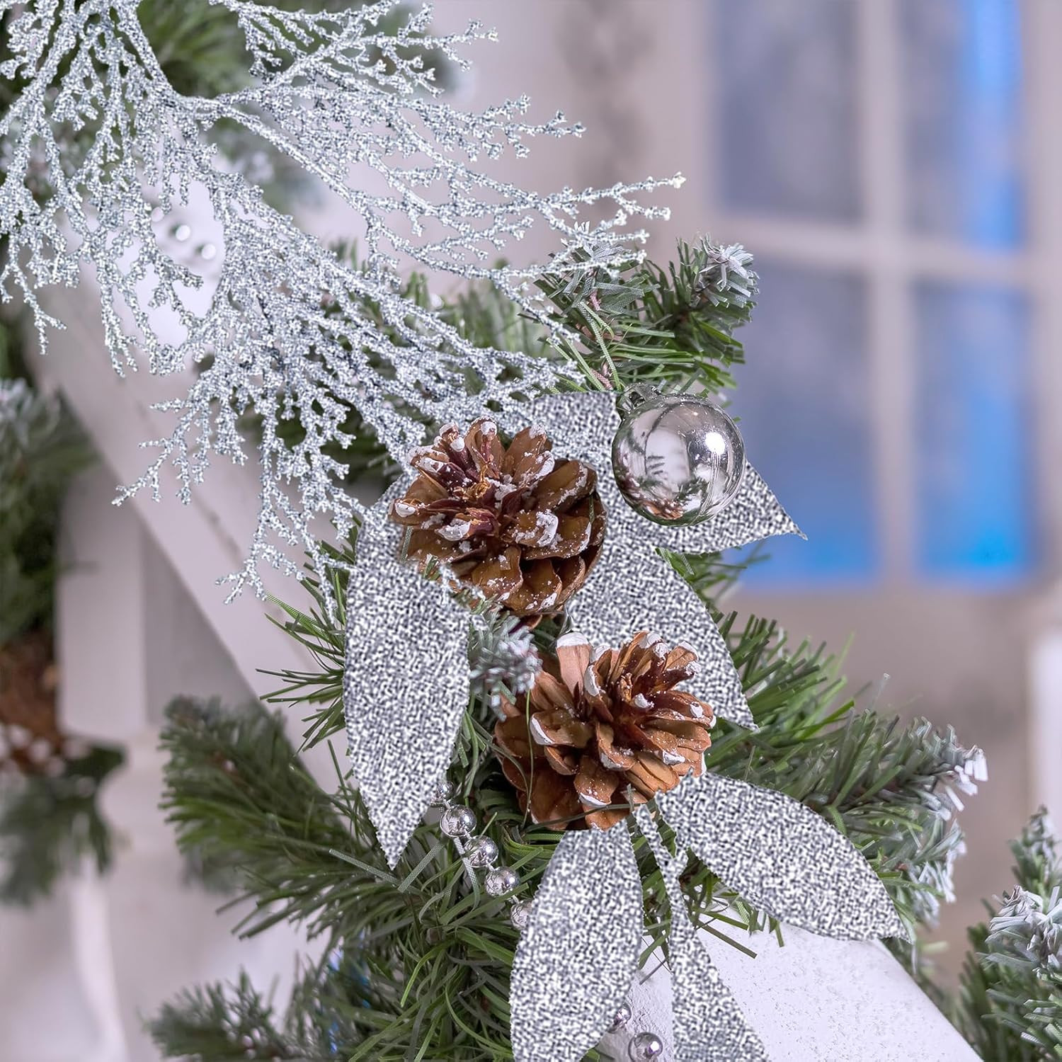 Winlyn 30 Pcs Christmas Artificial Leaf Sprays Cedar Picks Silver Glittered Chri