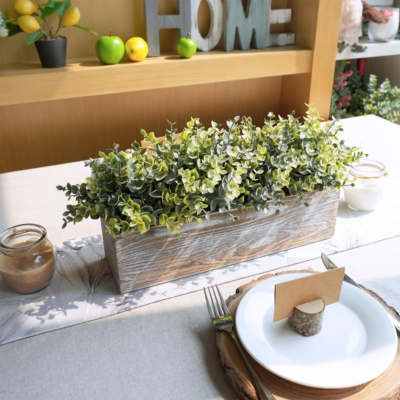 14″ Faux Eucalyptus Plant in Rustic Wooden Planter Box – Home Wedding Centerpiec