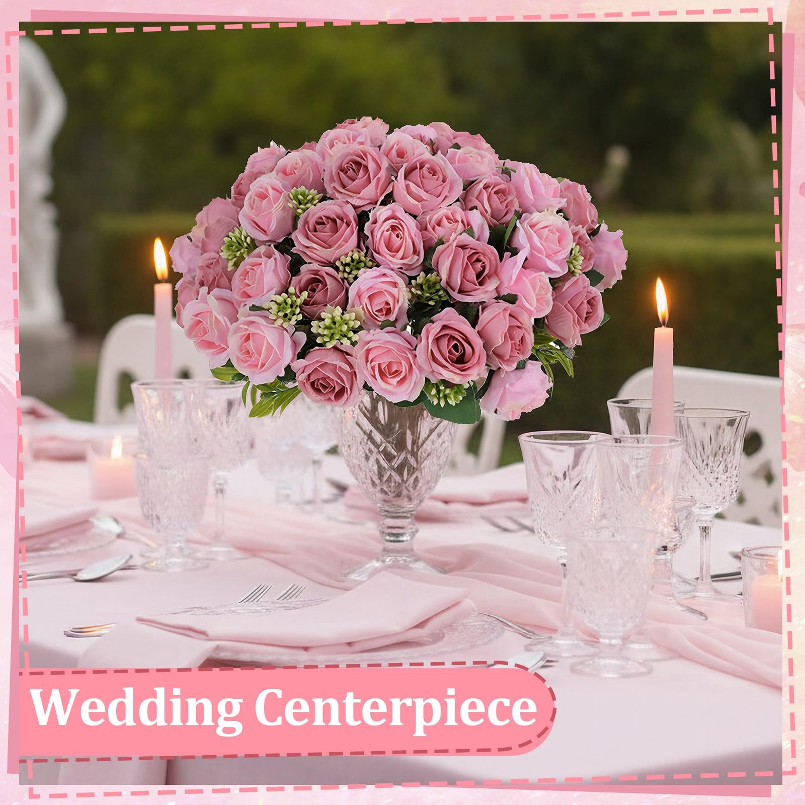 6 Stems 10 Heads Dusty Pink Artificial Silk Roses Bouquets with Leaf Faux Flo…