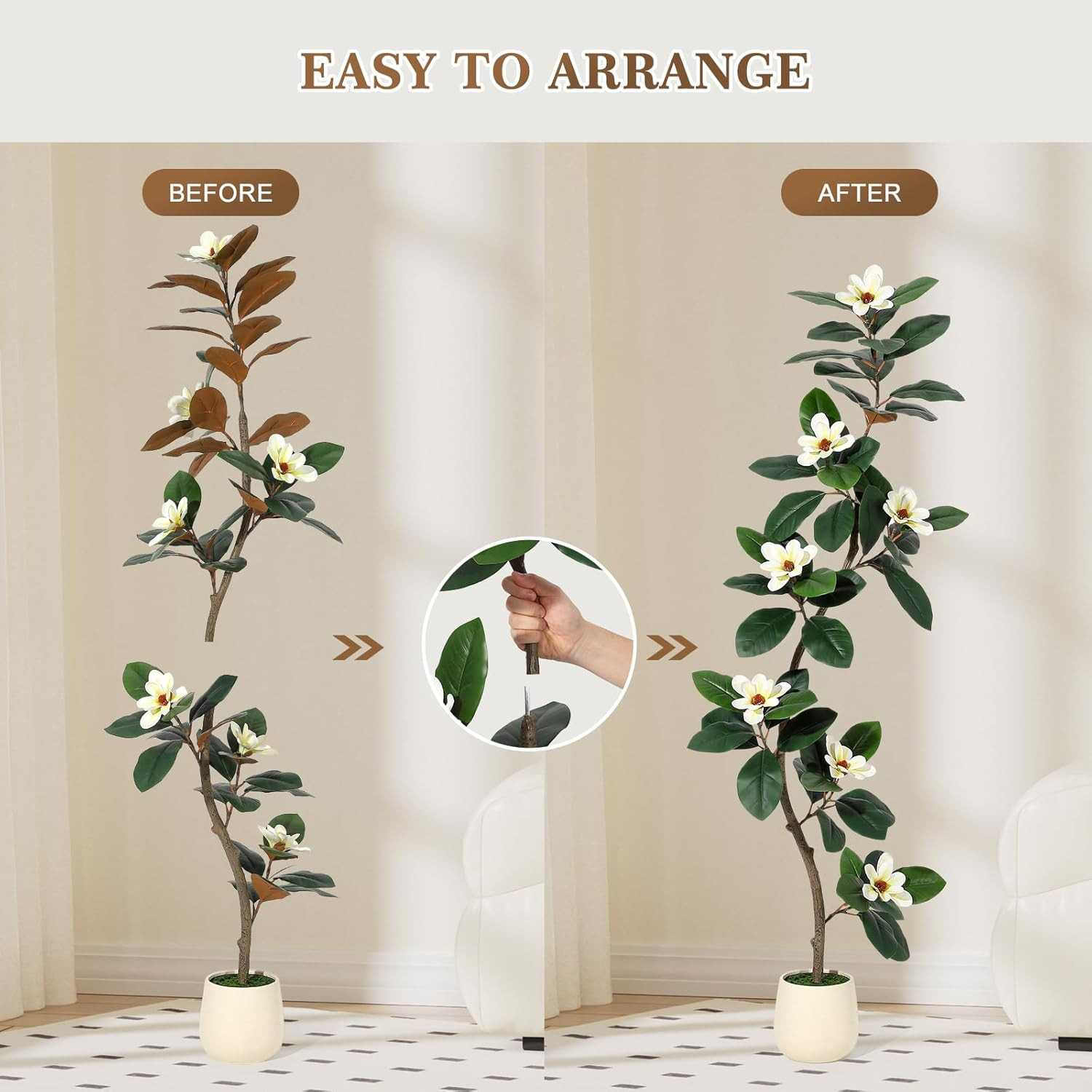 6 Ft Rubber Tree with Magnolia Flowers in White Planter for Home & Office Decor