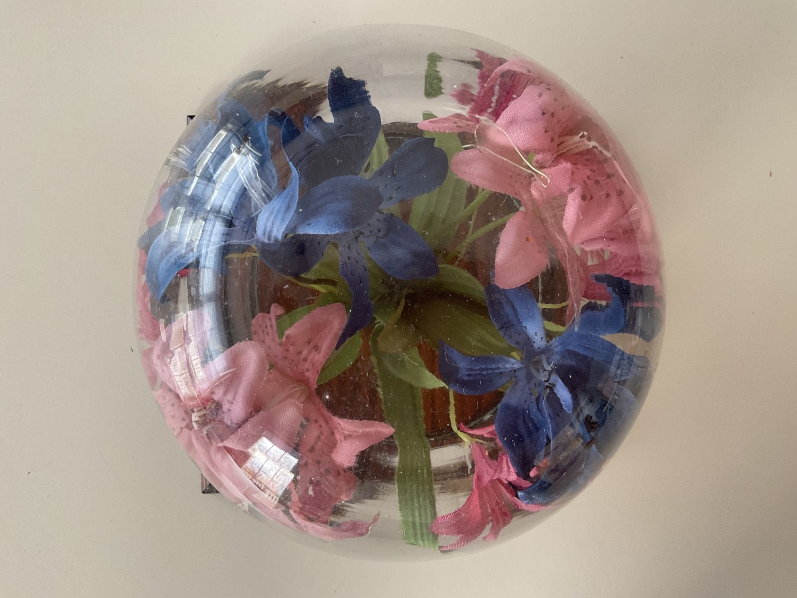 Faux Flowers Clear Dome Cover Wood Base Centerpiece Decor Blue/Pink Floral