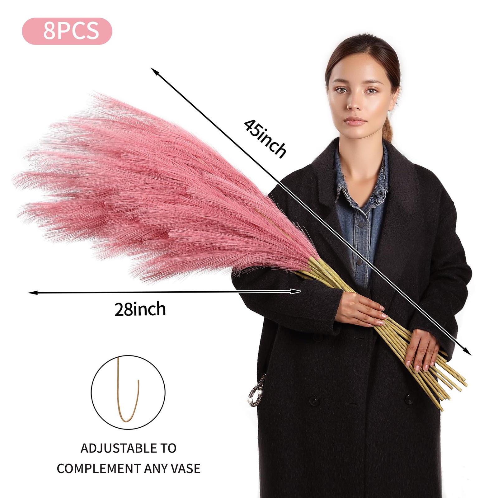 8 PCS 45 Inch Tall Large Artificial Dark Pink Faux Pampas Grass Floor Vase