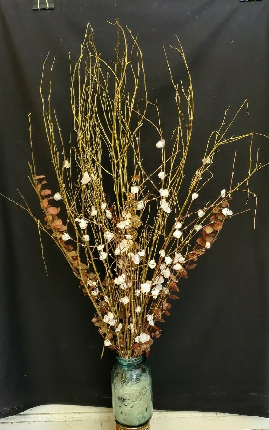 White & Pink Blossoms, Red Eucalyptus & Gold Painted Branches in a Mason Jar