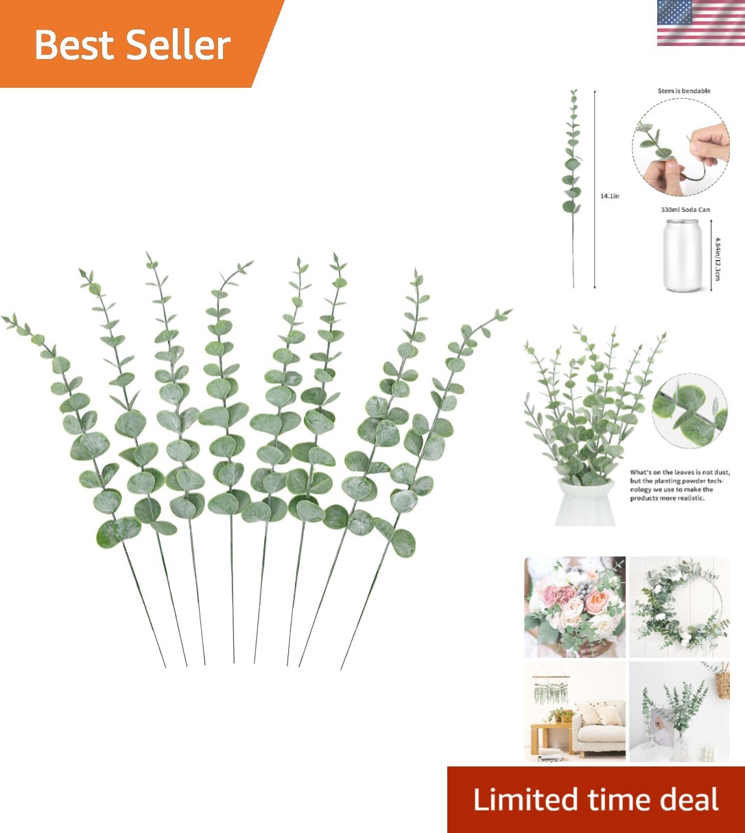 Natural-Look 14.1 Inch Faux Eucalyptus Stems – 8 pcs for Farmhouse Stylish Decor