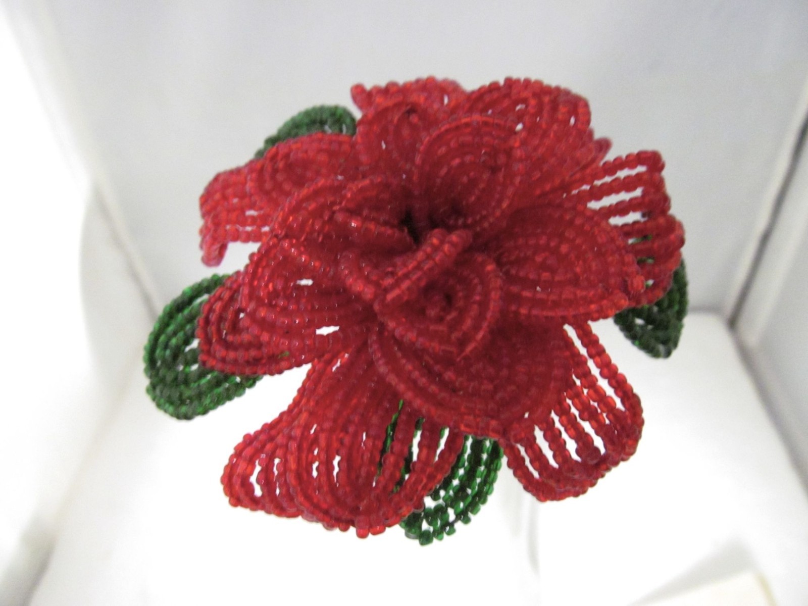Handcrafted Red & Green French Beaded Flower with Stem Home Decor Gift 11 inch