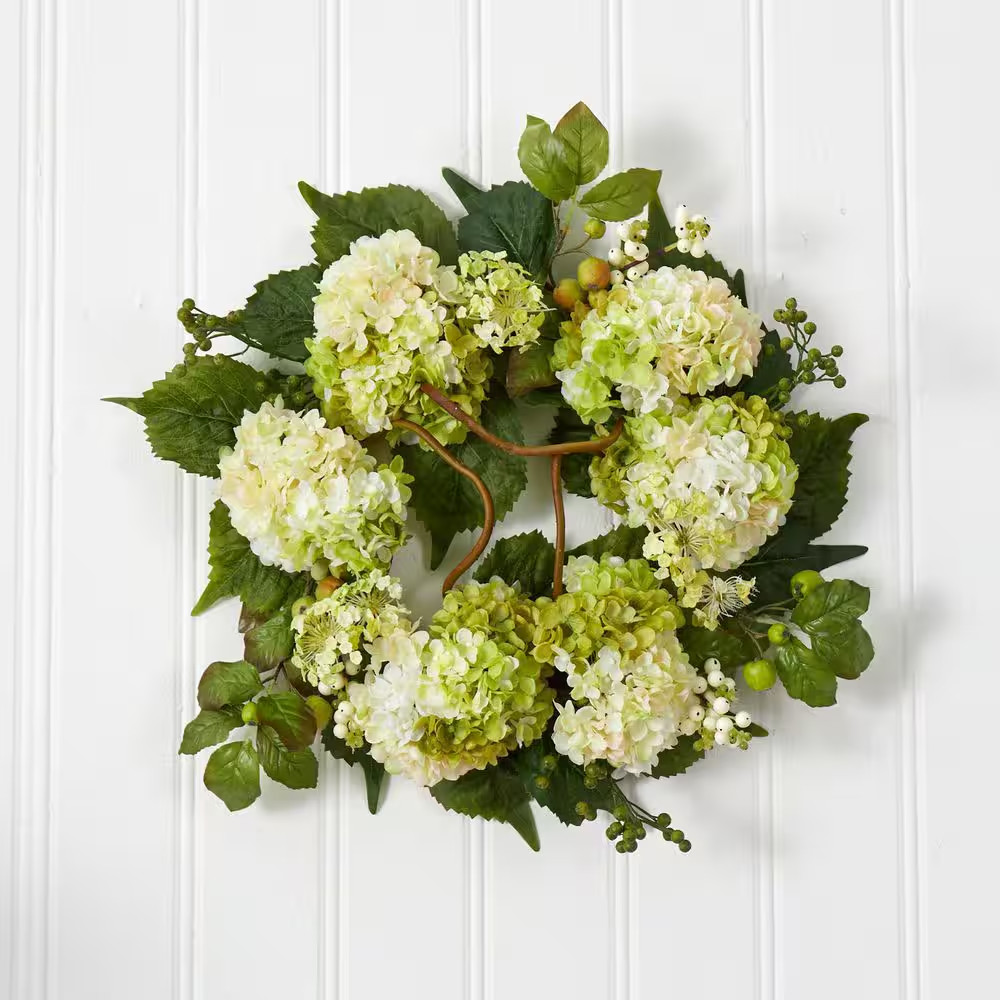 22.0 In. Artificial H Cream and Green Hydrangea Wreath