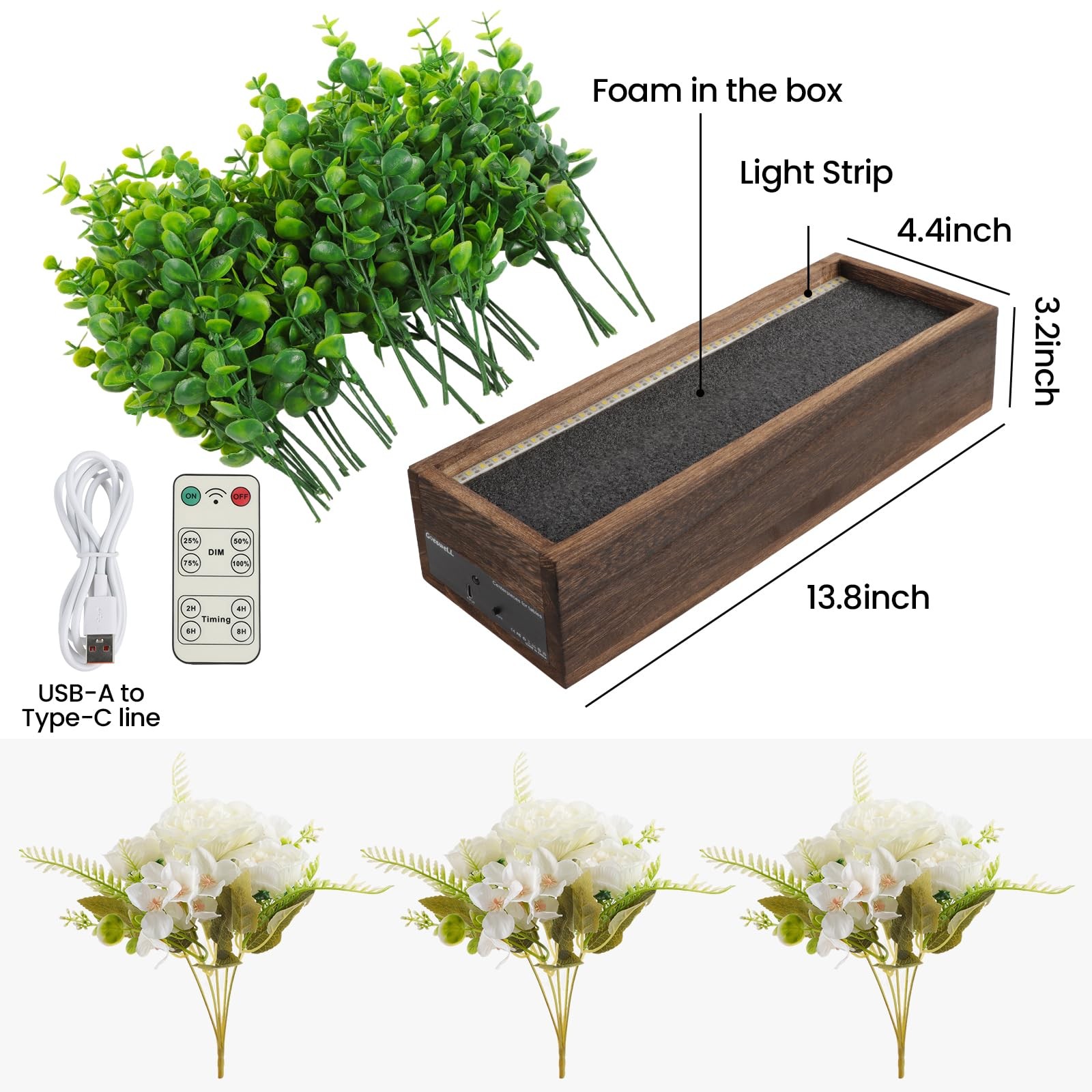 14″ Artificial Peony Hydrangea Flowers Arrangement in Rectangular Wooden Plan…
