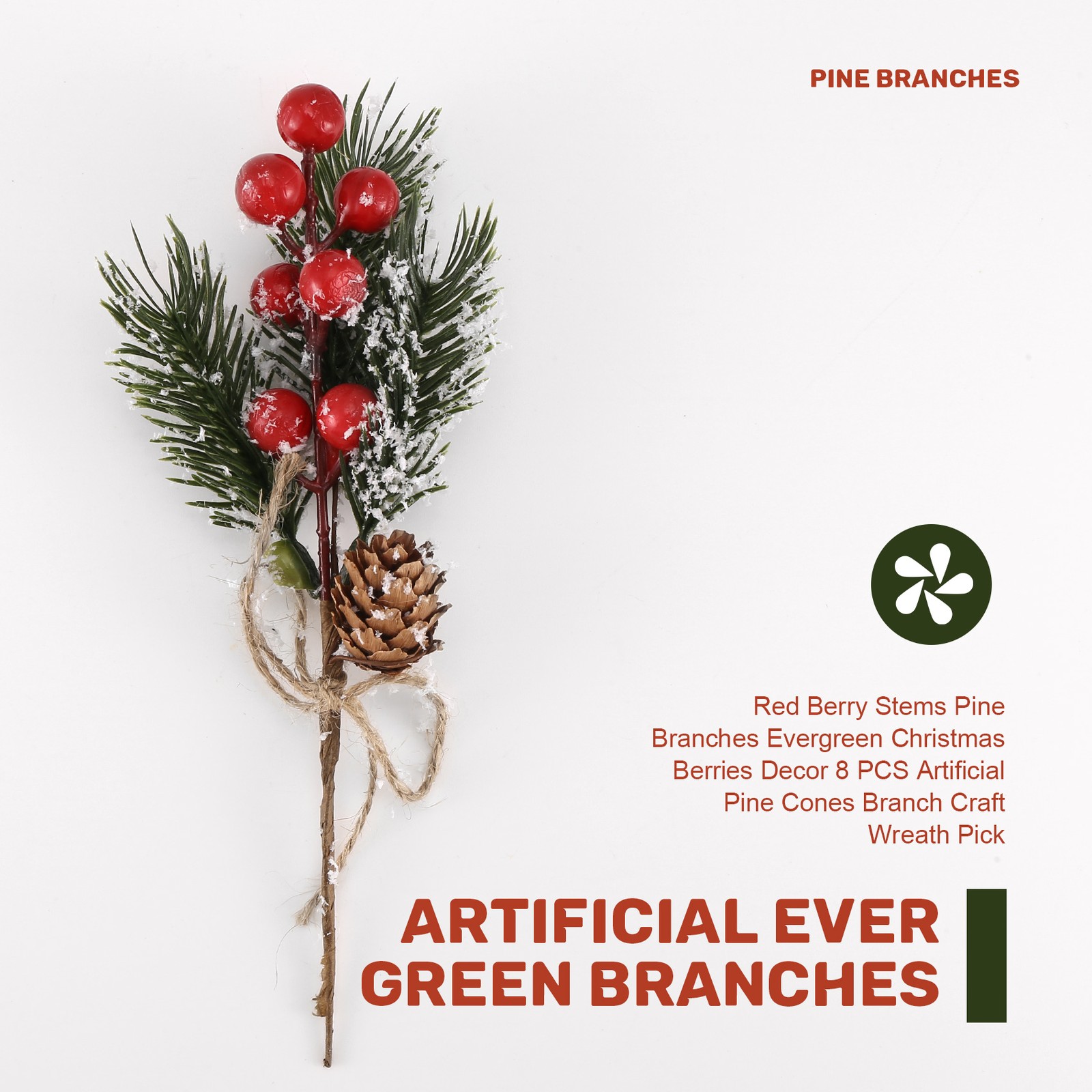Red Berry Stems Pine Branches Evergreen Christmas Berries Decor 8 PCS4766