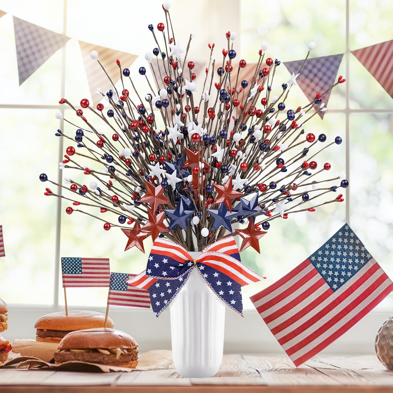 8 Pack Patriotic Artificial Berry Stem Picks,17.5” Red White Blue Stars with …