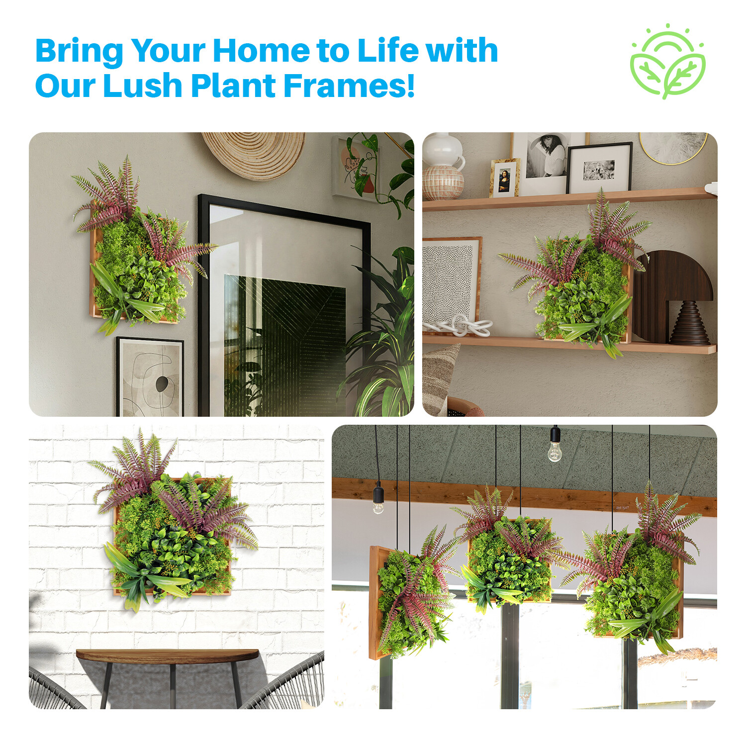 Artificial Plants Green Wall Decor with Square Wooden Frame 13in, Light Green