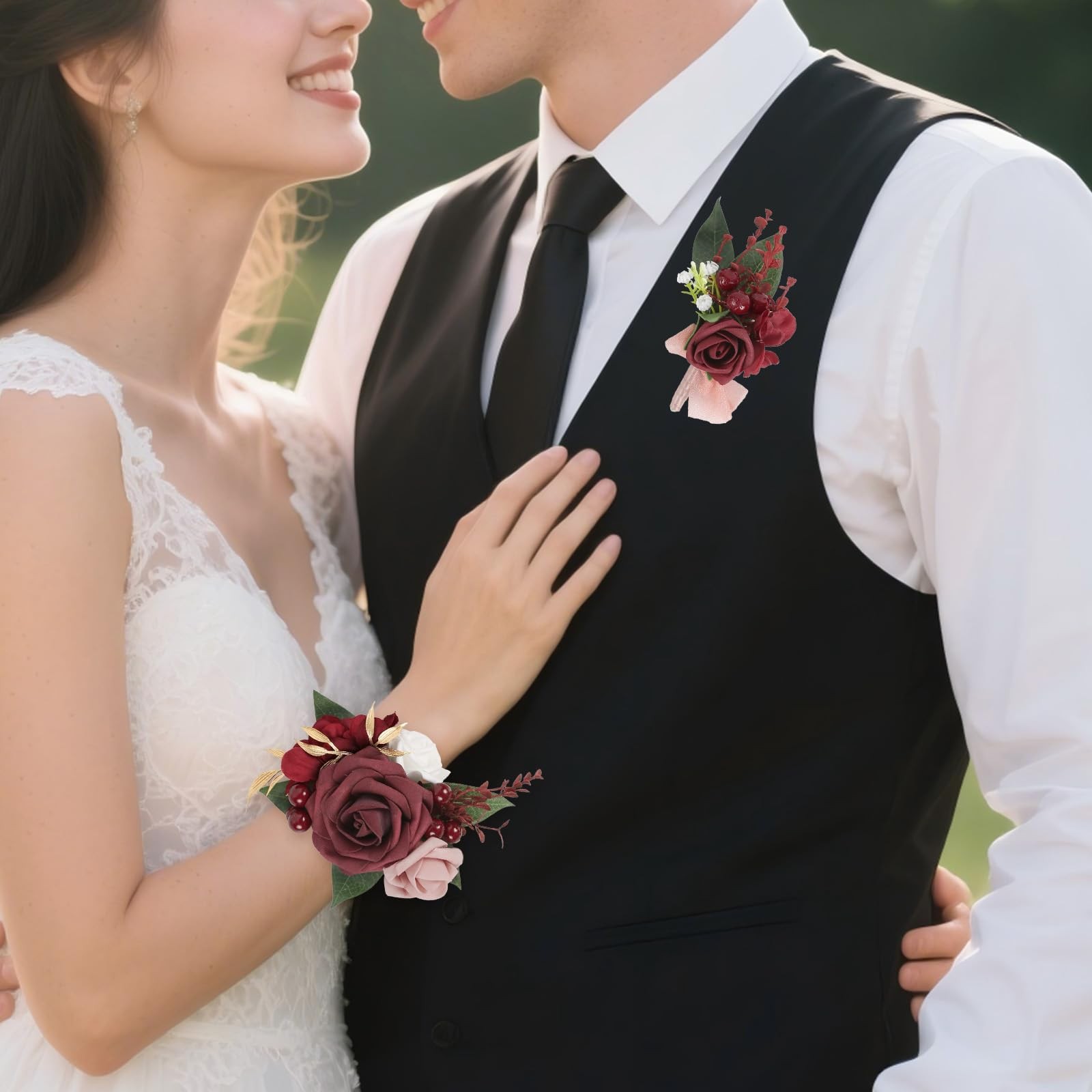 2 PCS Burgundy Rose Wedding Corsage And Boutonniere Set For Men Women Prom