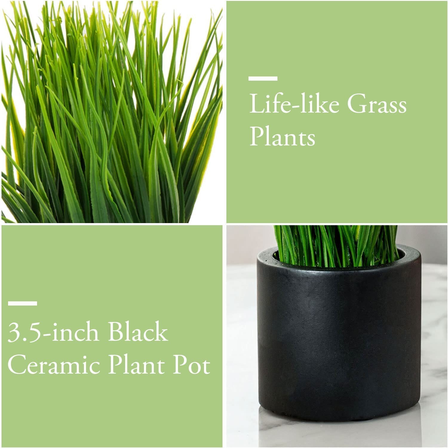 Artificial Grass Fake Plant in Modern Round Black Cement Pots, Pack of 2