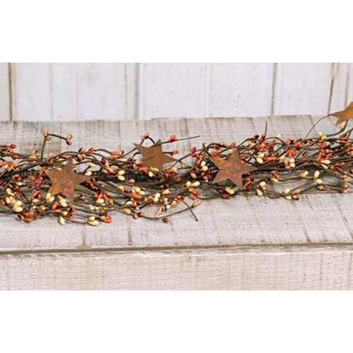NEW Primitive Pip Berry Garland w/ Rusty 2″ Stars PUMPKIN SPICE BERRIES 40″