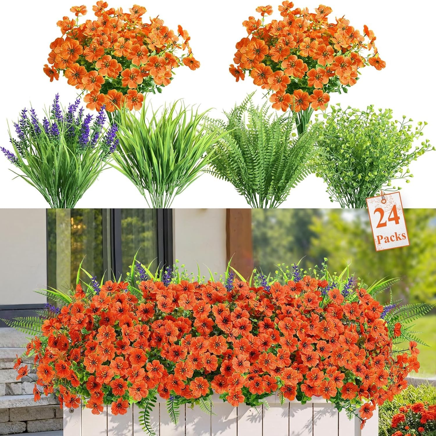 24 Bundles Artificial Flowers for Outdoors Spring Decoration, UV Resistant Eu…