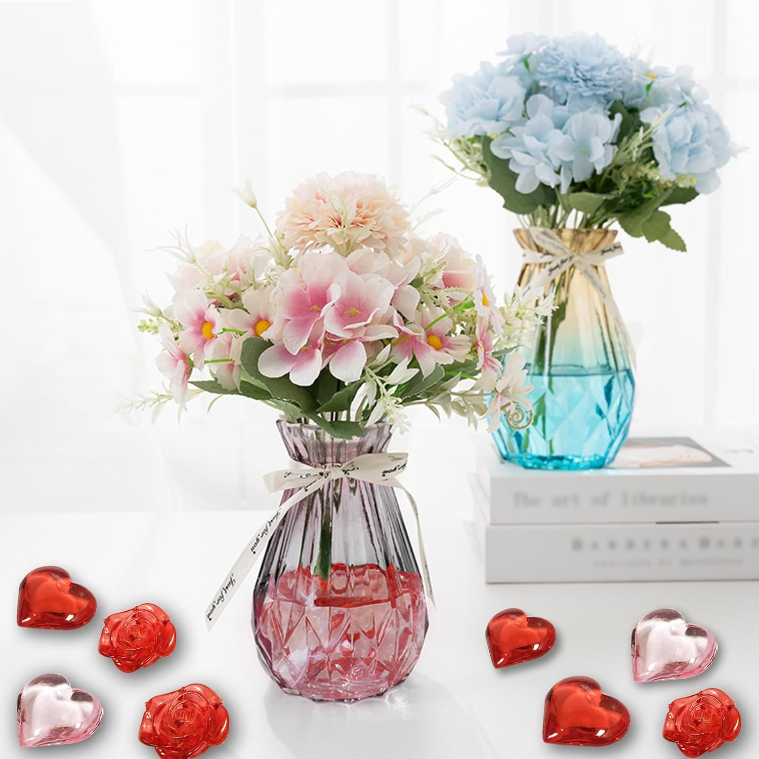 200Pcs Acrylic Heart Ornaments Rose Flower Vase Filler Decorations, Love Hearts