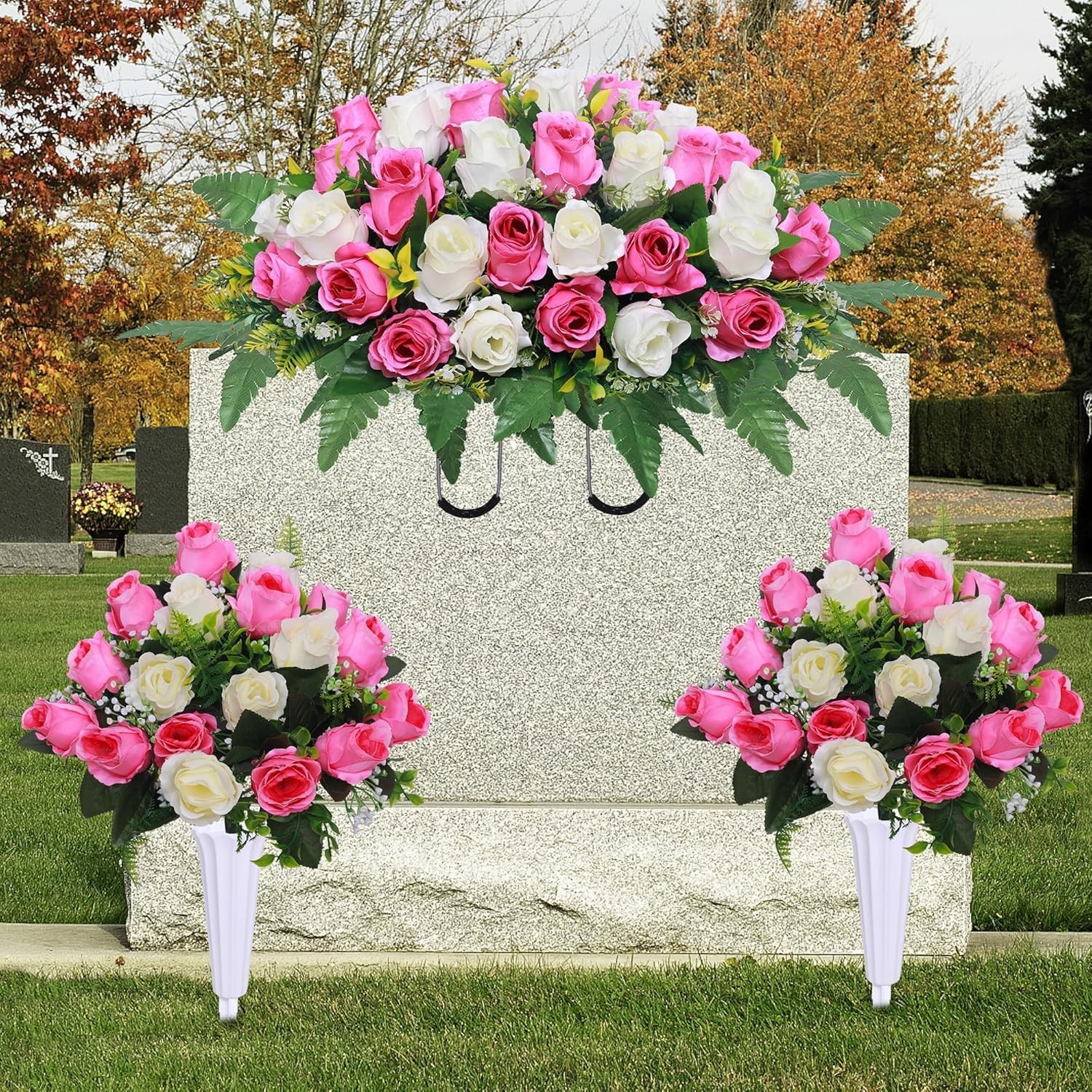 3 Pcs Artificial Cemetery Flower Saddles, Rose Headstone Flower Saddle,Cemete…