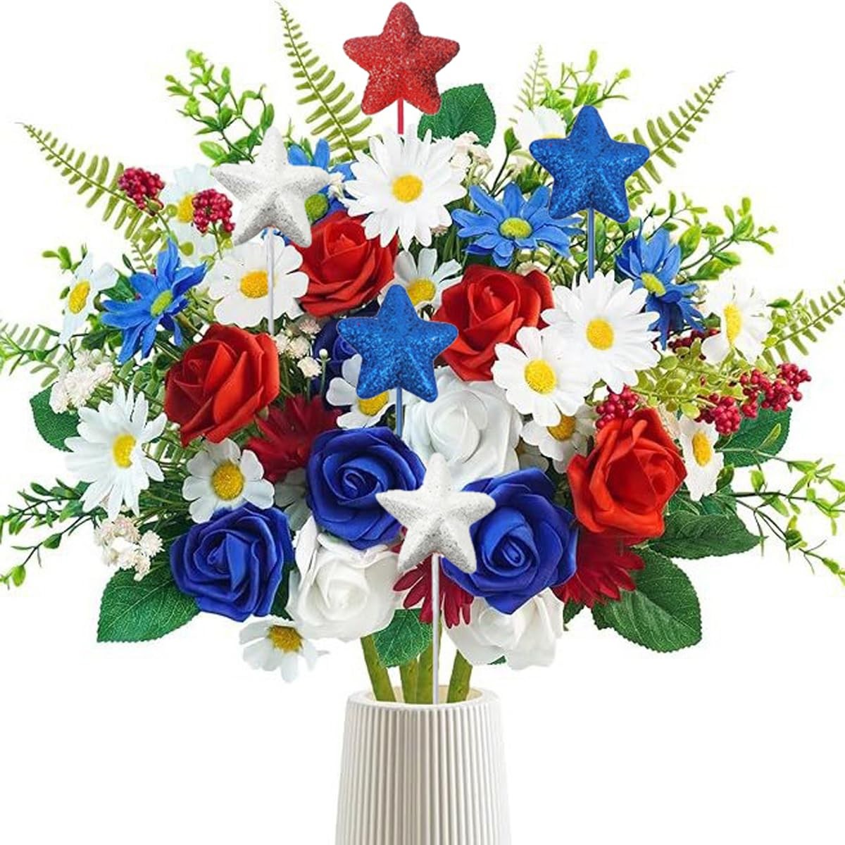18 Pieces Glitter Star Foam Stem Sticks Red White and Blue Artificial Stems F…