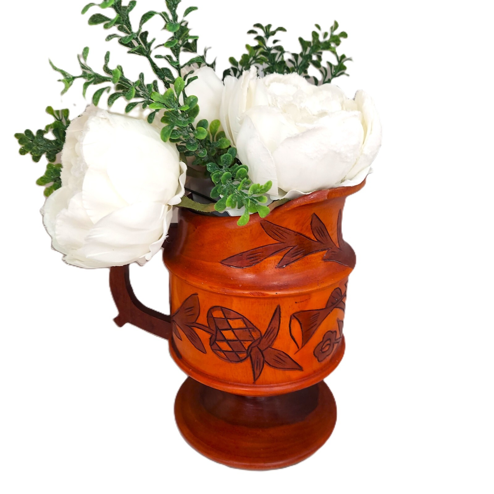 White Peonies in Hand Carved Teak Polynesian Tiki-style Wood Pitcher Arrangement