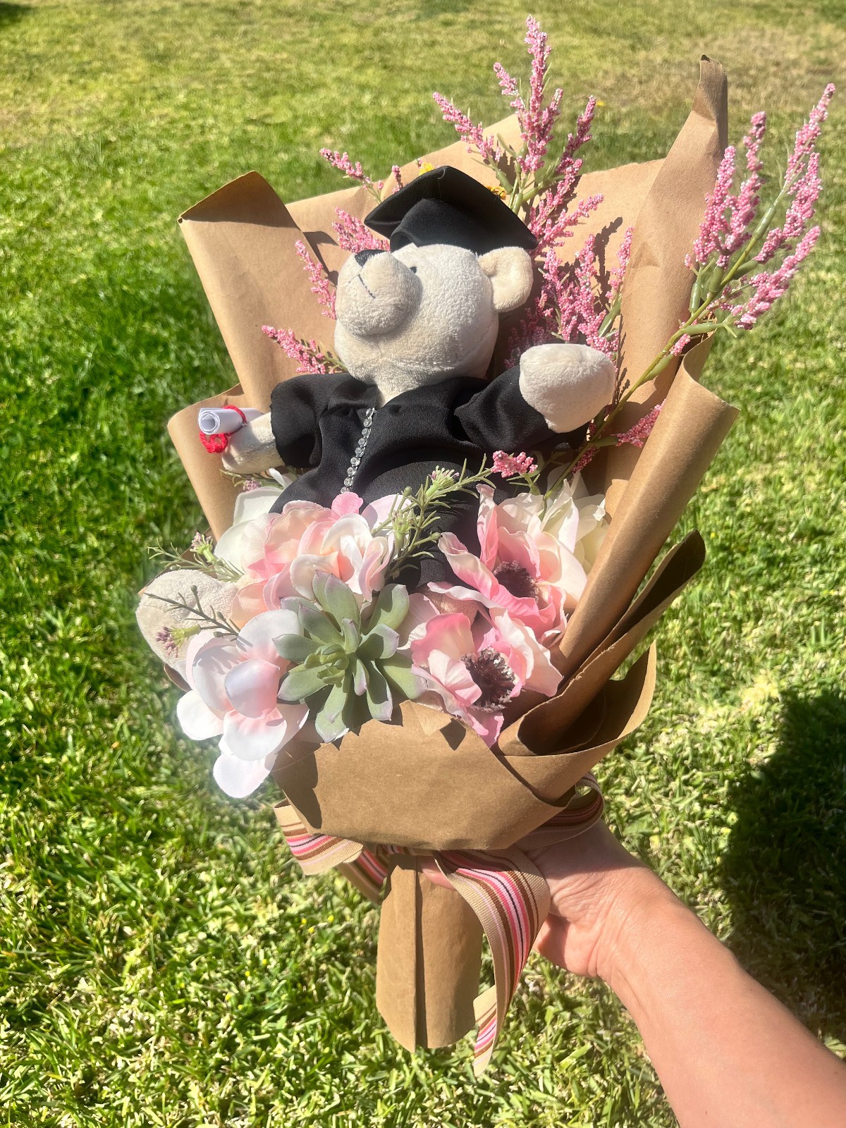 Hand Made Graduation Plush Bear Pink Artificial Flower Bouquet & Matching Ribbon