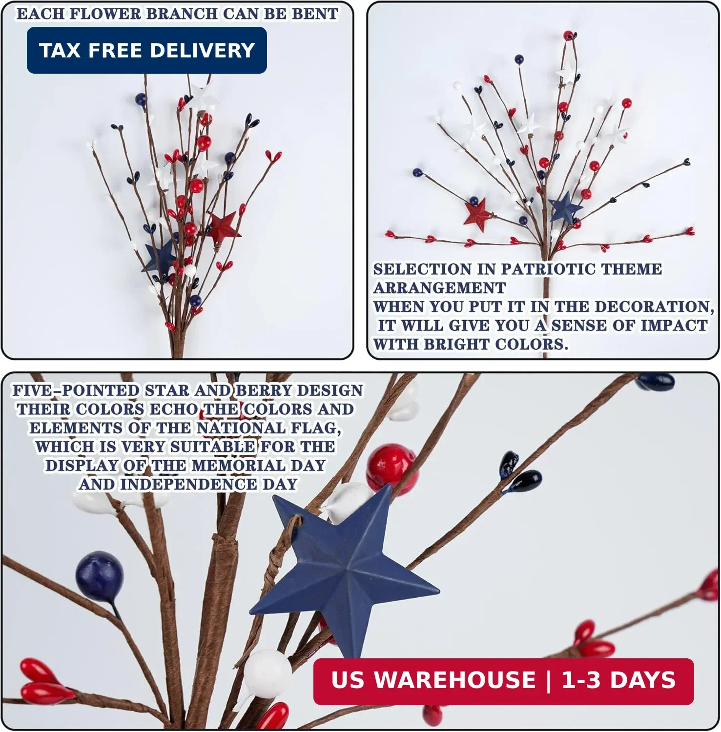 4 Pack Patriotic Artificial Berry Stem Picks White Blue Red Stars for 4th of Jul