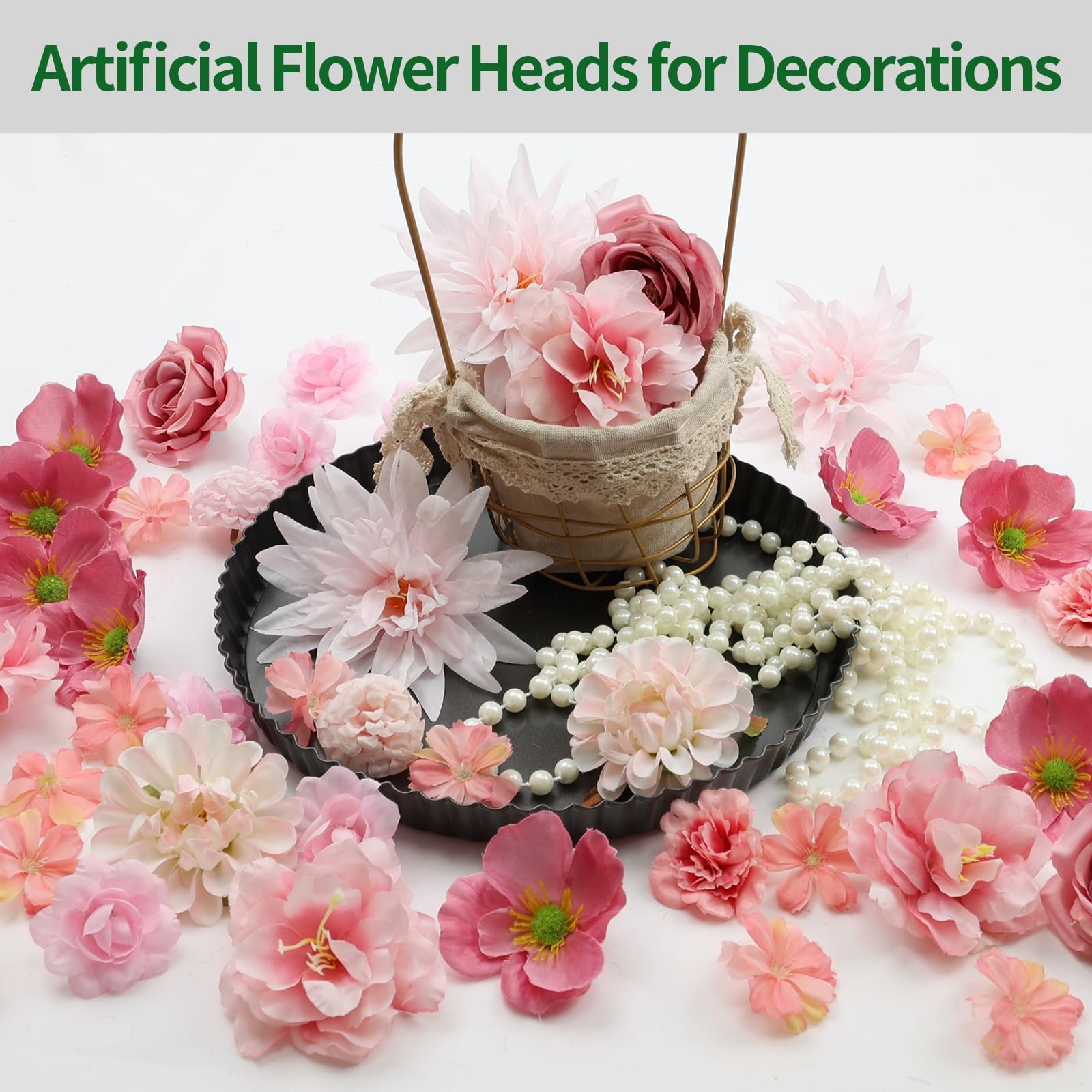 56 PCS Pink Fake Flower Heads Bulk Silk Flowers Crafts Mini Wreath Wedding Decor
