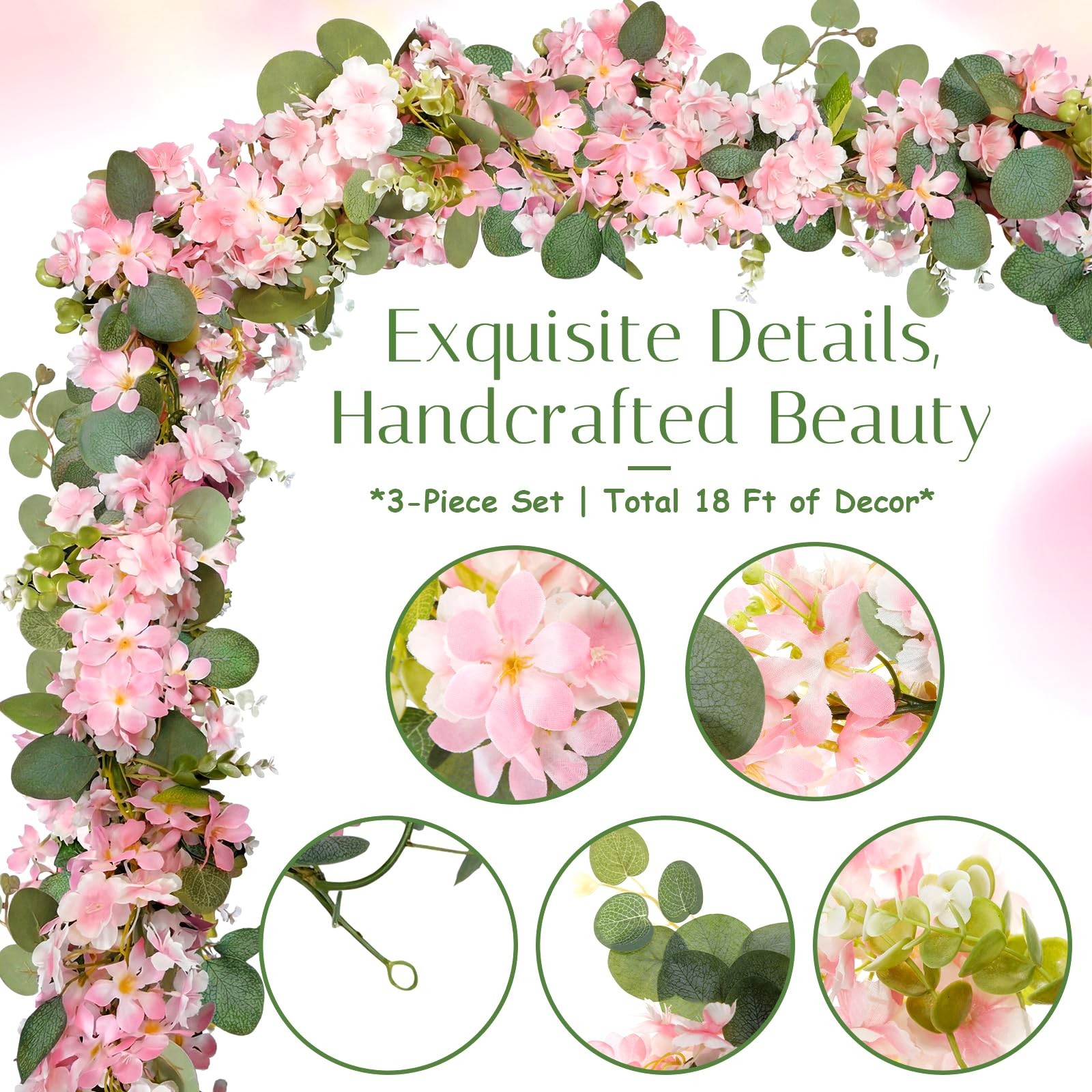 1 Set 3 Pcs Spring Flower Pink Garland 18 Feet Total 6ft Per Piece Spring Flo…