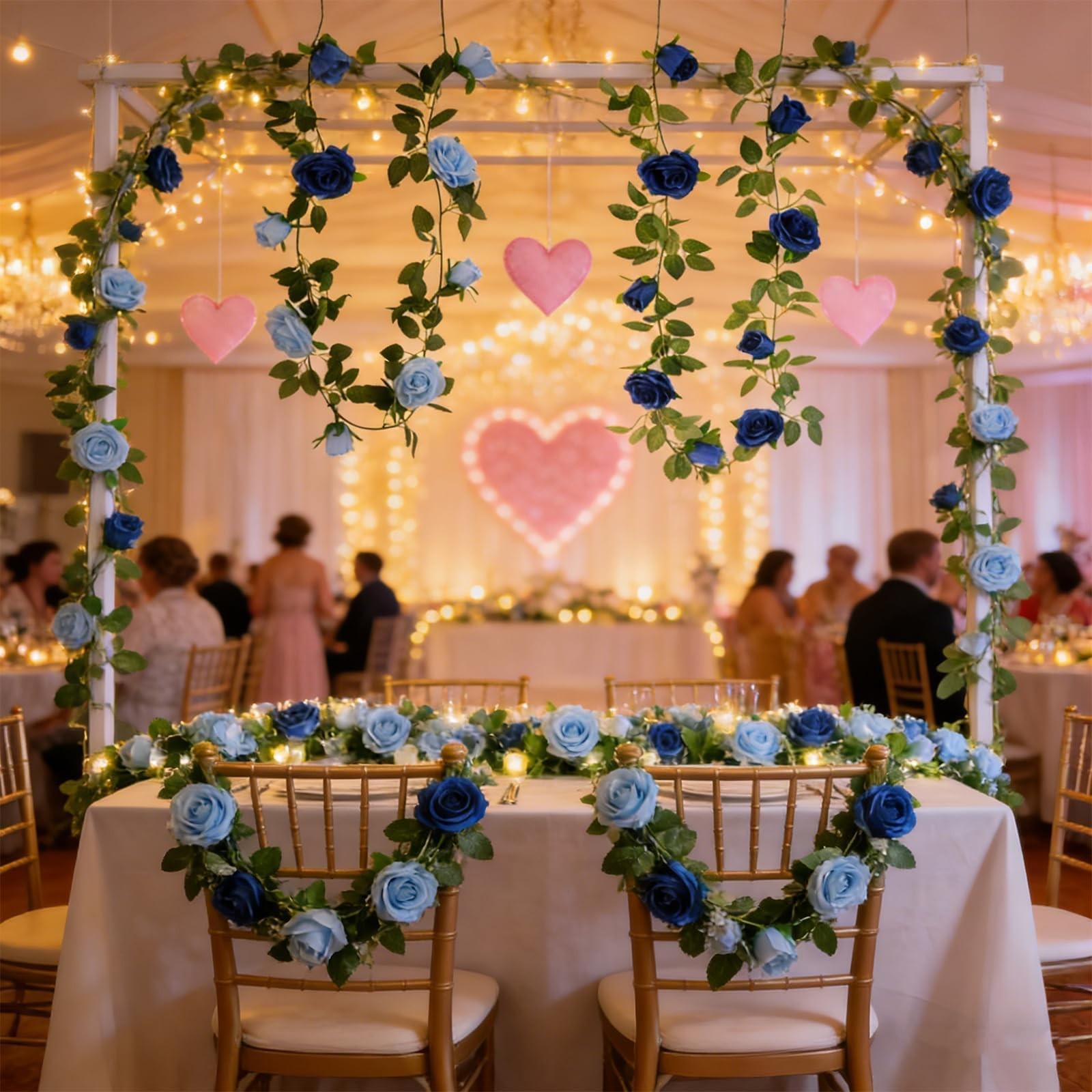 2Pack Mixed Blue Artificial Rose Flower Garland 13FT Fake Rose Vine for Table…